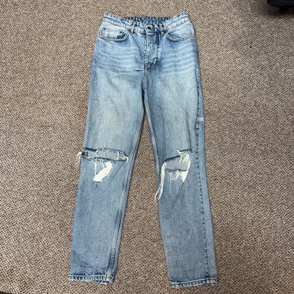 Ksubi Bullet Jinx Trashed Distressed Straight Leg Jeans Light Blue Denim 29.5in